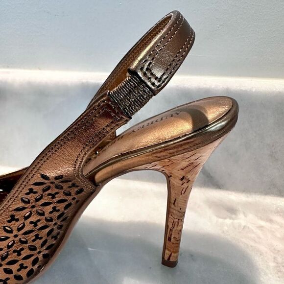 Audrey Brooke Womens Metallic Bronze Slingback Open Toe Heels Pump Floral Cutout - Picture 7 of 8